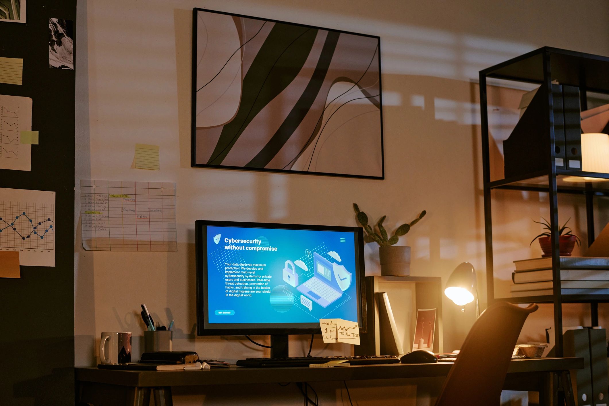 Office cybersecurity and monitoring display representing CCTV and surveillance services